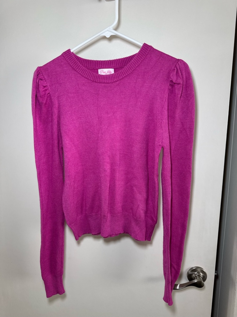 Pink Lily Fuchsia Crew Neck Puff Sleeve Sweater